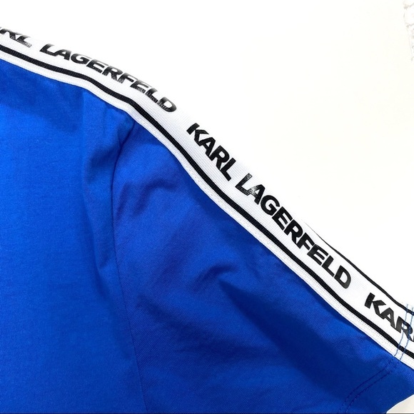 Karl Lagerfeld Spell Logo Tape Sleeve T-Shirt Blue - Picture 8 of 9
